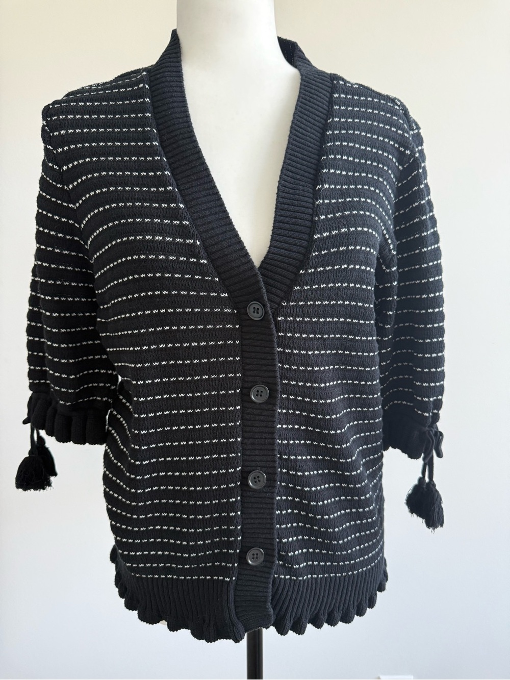Melanie Lyne Black Striped Button-Front Women’s Cardigan with Tassel Details